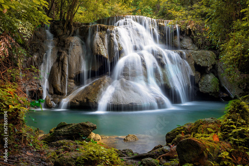 Huay Mae Kamin Beautiful waterfall landscape in rainforset at Kanchanaburi province Thailand