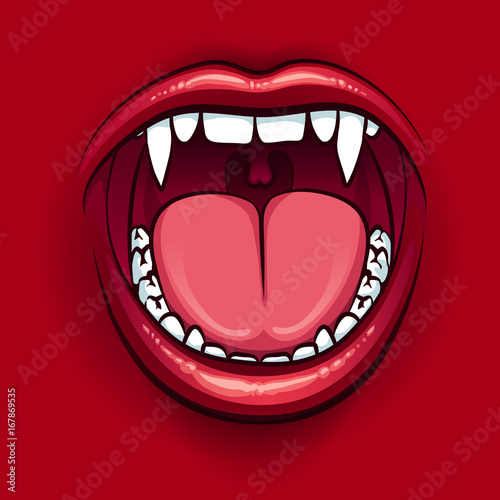 The fangs of a vampire. Red lips. Vector illustration.