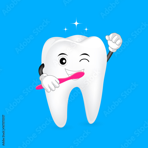 cute cartoon tooth character holding toothbrush. Brush your teeth twice a day, daily dental care concept. illustration isolated on blue background.