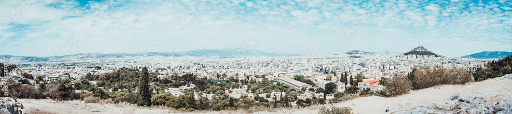 Wide panoramic view of city in Greece from hill