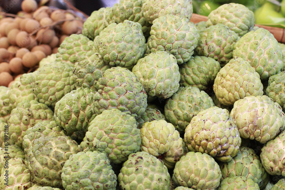 Obraz premium group of green fresh organic custard apple at asia fresh market, sweet taste fruit, backgrounds, tropical climate fruit, 