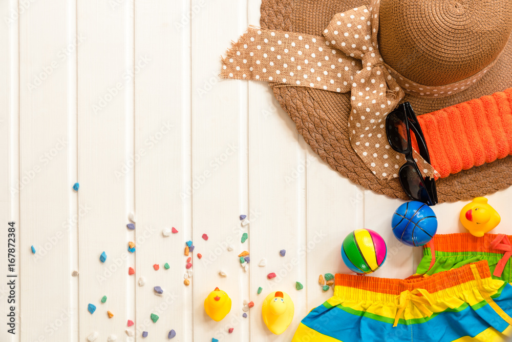 Obraz premium Set of summer object on white wooden for background, Object summer concept on plank