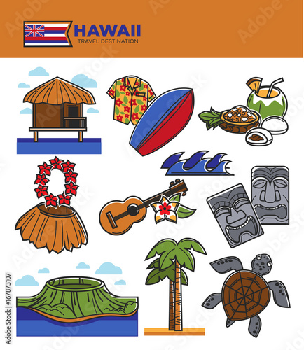 Hawaii travel tourism landmarks and tourist culture famous attractions vector icons