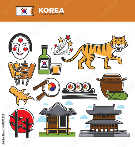 Korea travel famous landmarks and Korean culture traditional tourist  attractions vector icons Stock Vector | Adobe Stock