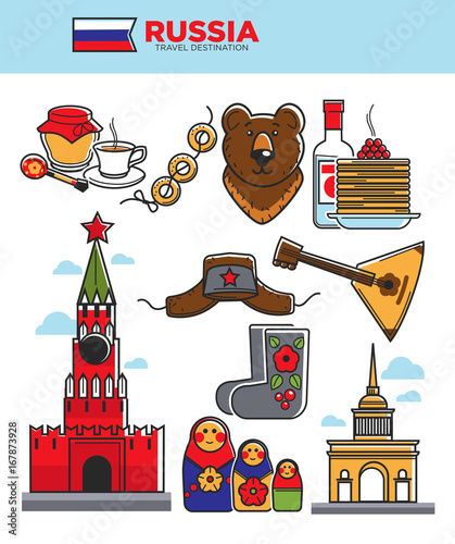 Russia travel tourist famous symbols or Soviet Union tourism attraction vector icons