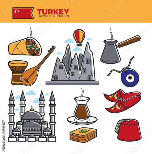 Turkey travel tourism famous symbols and Turkish culture tourist landmarks vector icons