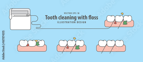 Tooth cleaning with floss illustration vector on blue background. Dental concept.