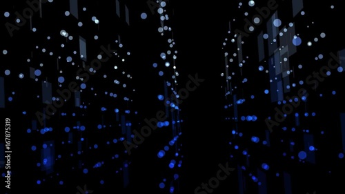 Abstract technology background - blue circles and squares flying on pure black. 3D rendering. Scientific or futuristic theme. Data flow imitation, network or computer structure. With alpha-channel.