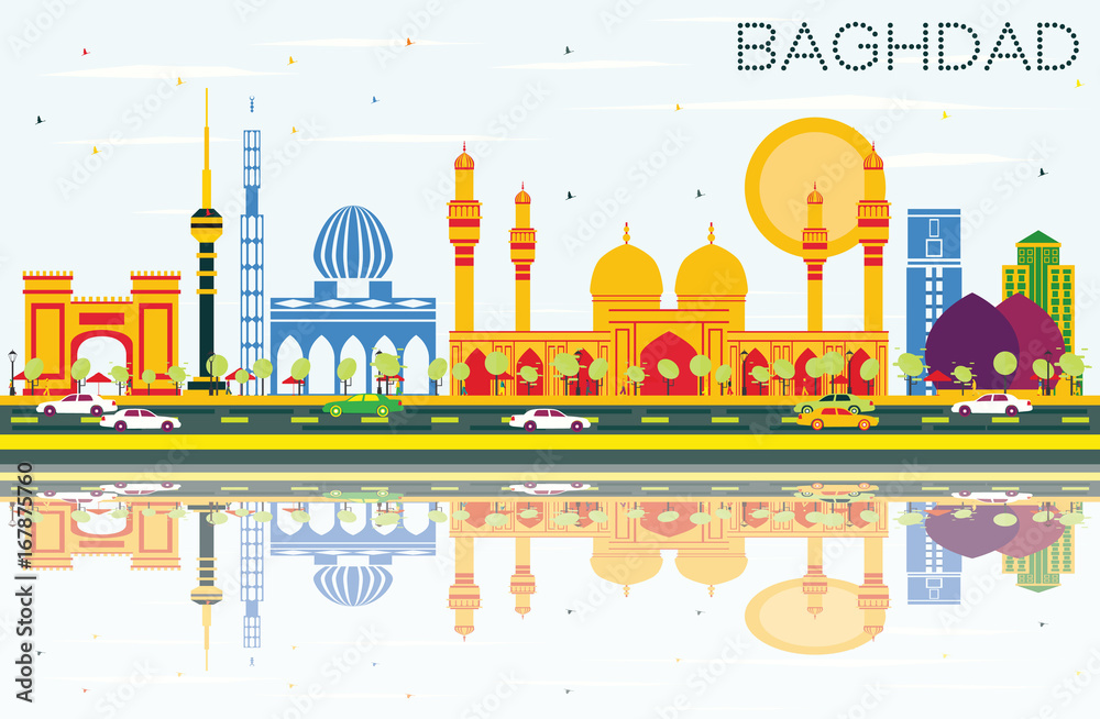 Obraz premium Baghdad Skyline with Color Buildings, Blue Sky and Reflections.