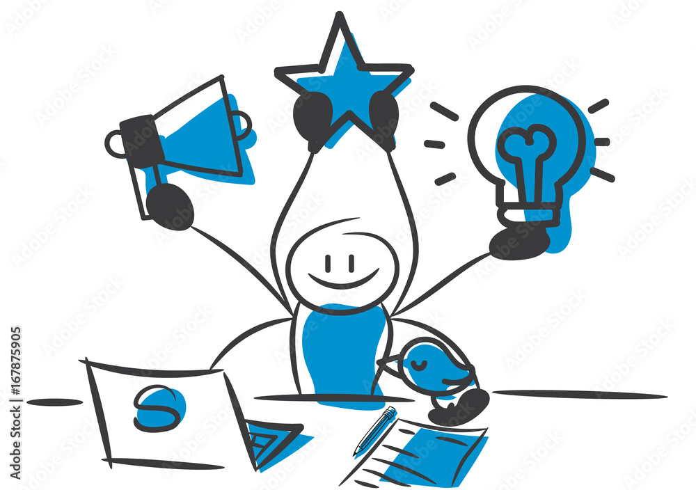 Stick Figure Series Blue. Vector of a businessman doing multitasking work. Geschäftsmann, Nur kein Sress! Multitasking, Kompetent. Stick Figure Series Blue. Vector of a businessman doing multitasking work. Geschäftsmann, Nur kein Sress! Multitasking, Kompetent.