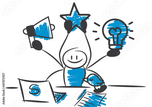Stick Figure Series Blue. Vector of a businessman doing multitasking work. Geschäftsmann, Nur kein Sress! Multitasking, Kompetent.
