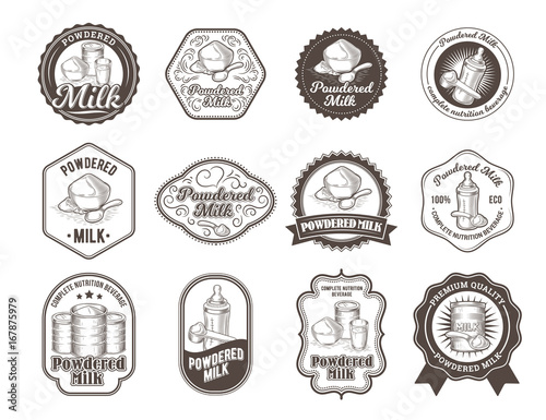Set of vector illustrations, badges, stickers, labels for milk powder, baby food in the style of engraving isolated on white