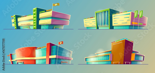 Set of vector cartoon illustrations, various supermarket buildings, shops in an orthagonal projection. Icons of modern large malls, stores. Print, template, design element