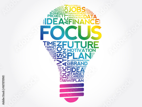 FOCUS bulb word cloud collage, business concept background
