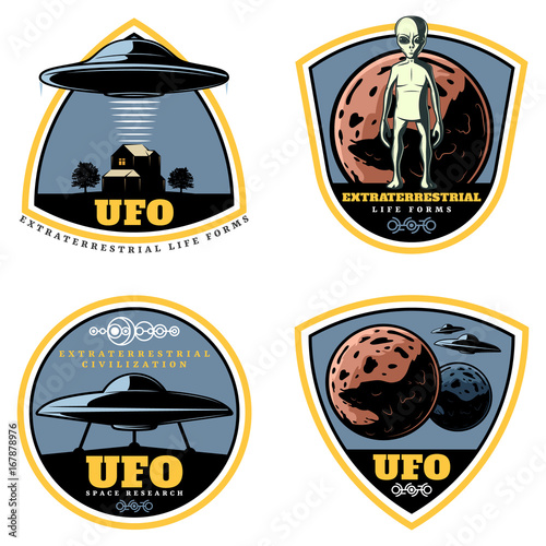 Vintage Colored UFO Emblems Set