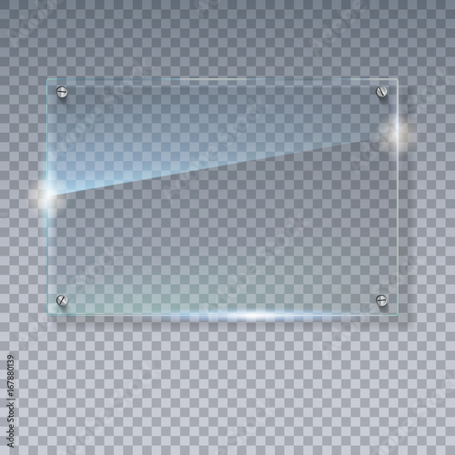 Blank, transparent vector glass plate. Vector template, mock-up banner with copy-space. Photo realistic texture with highlights and glow on the transparent. See through the plastic, 3D illustration.