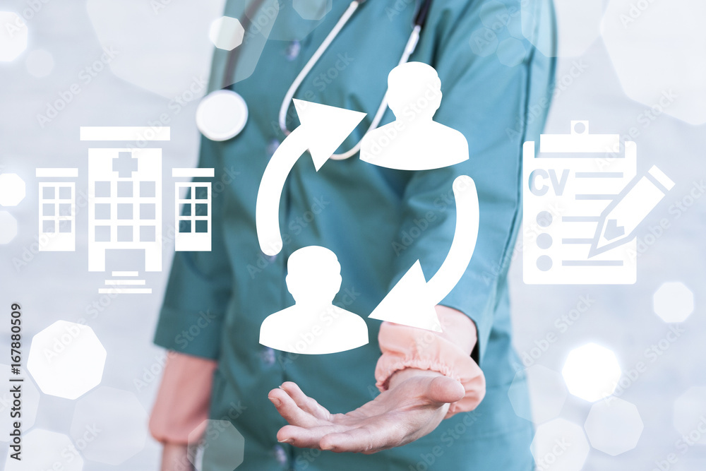 Fotografia do Stock: Medical Job Rotation concept. Healthcare Human  Resources. Hospital Staff Switch HR. Doctor offers circular arrows people  icon on a virtual graphical user interface. | Adobe Stock