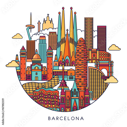 Barcelona skyline detailed silhouette. Vector line illustration