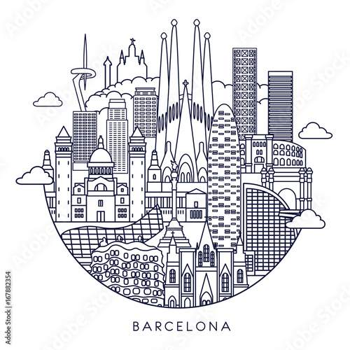 Barcelona skyline detailed silhouette. Vector line illustration