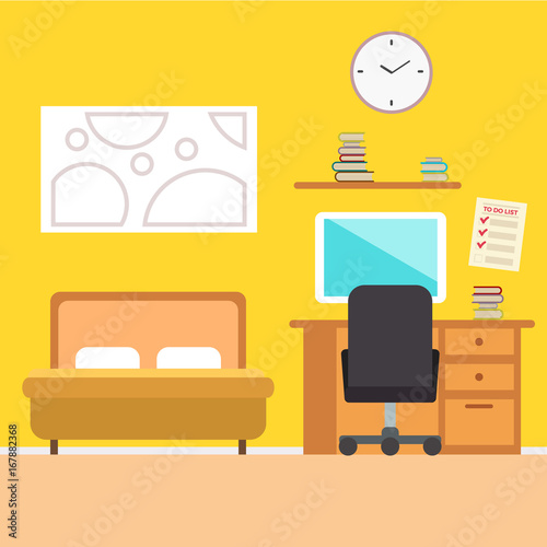 Bedroom with furniture. Wardrobe with clothes and mirror. Flat style vector illustration. Cozy interior .