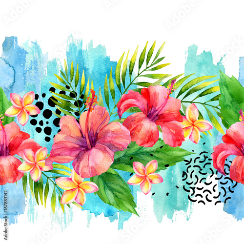 Hand painted artwork: watercolor tropical leaves and flowers on brush strokes...
