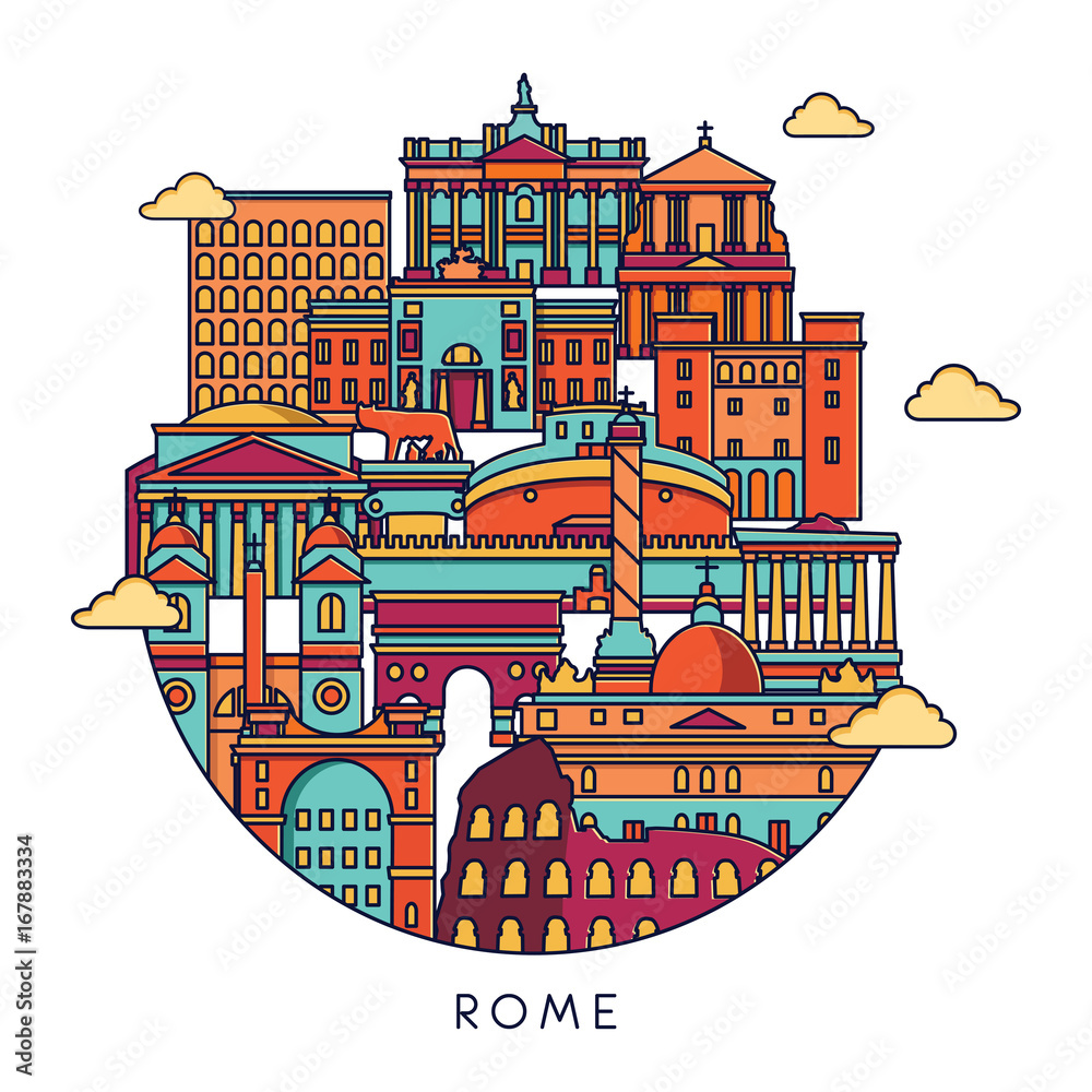 Rome detailed skyline. Travel and tourism background. Vector line illustration