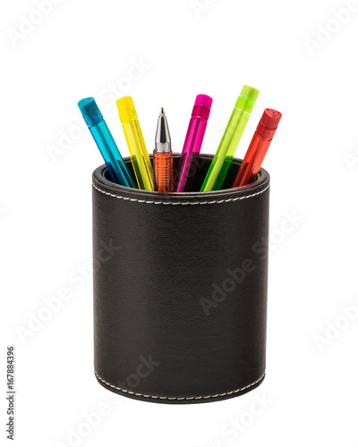 Fotografie Colored ballpoint pens in a leather holder