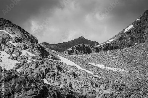 black and white photo of mountain pass in Altai mountains, Siberia, Russia