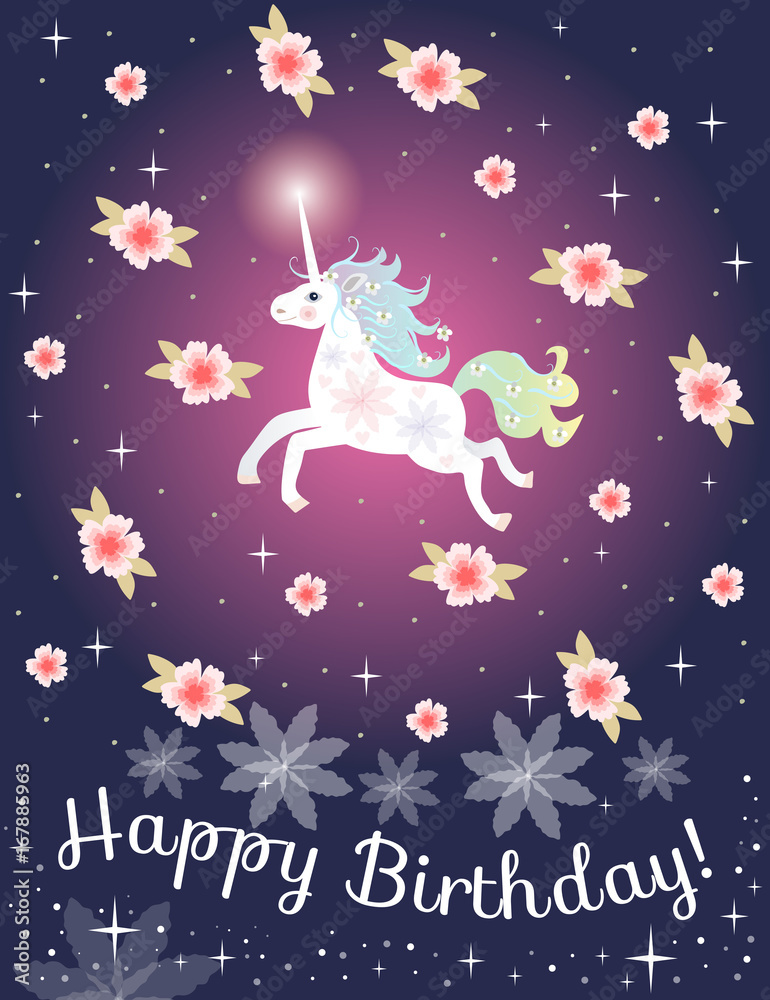 Greeting card Happy birthday with cute unicorn and pink flowers on polka dot background. Vector template.