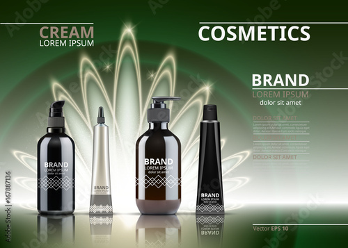 Digital Vector Realistic Cosmetics set collection package. Bottles for beauty products with logo label design. 3d set collection on sparkling background