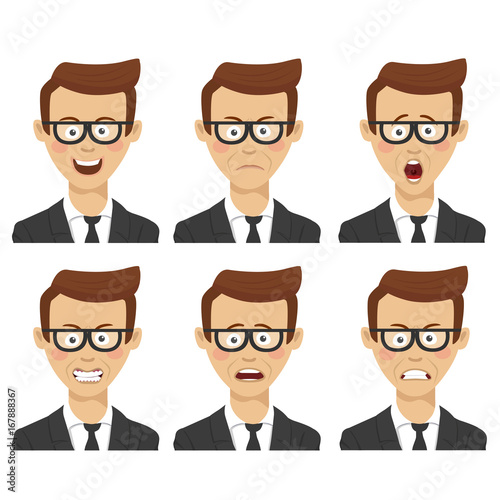 Young businessman with various avatar expressions set. Flat illustrations