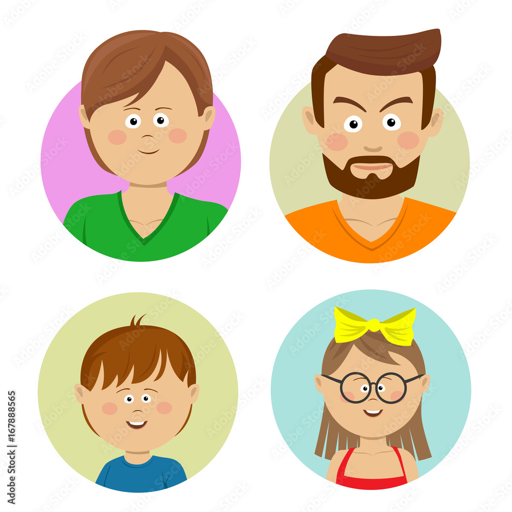 Happy family faces. Vector flat avatars. Mother, father, teen, sister, brother. Happy family faces. Vector flat avatars. Mother, father, teen, sister, brother.