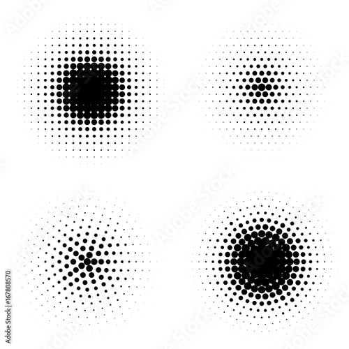Vector abstract halftone circles set.  Abstract dotted gradient design elements. Grunge halftone textured patterns with dots. Pop art dotted circle templates set