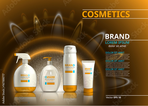 Sun protection realistic product set collection. Cosmetic bottles with logo l...