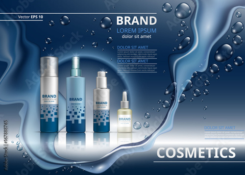 Digital Vector Realistic Cosmetics set collection. Bottles for beauty products with logo label design. Hydrating Skin care gel or mousse, spray and serum bottle. Sparkling water drops 