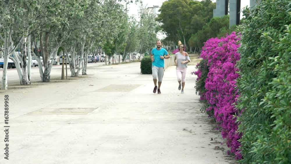 Young couple jogging in city park, super slow motion 120fps
Young couple jogging in city park, super slow motion 120fps