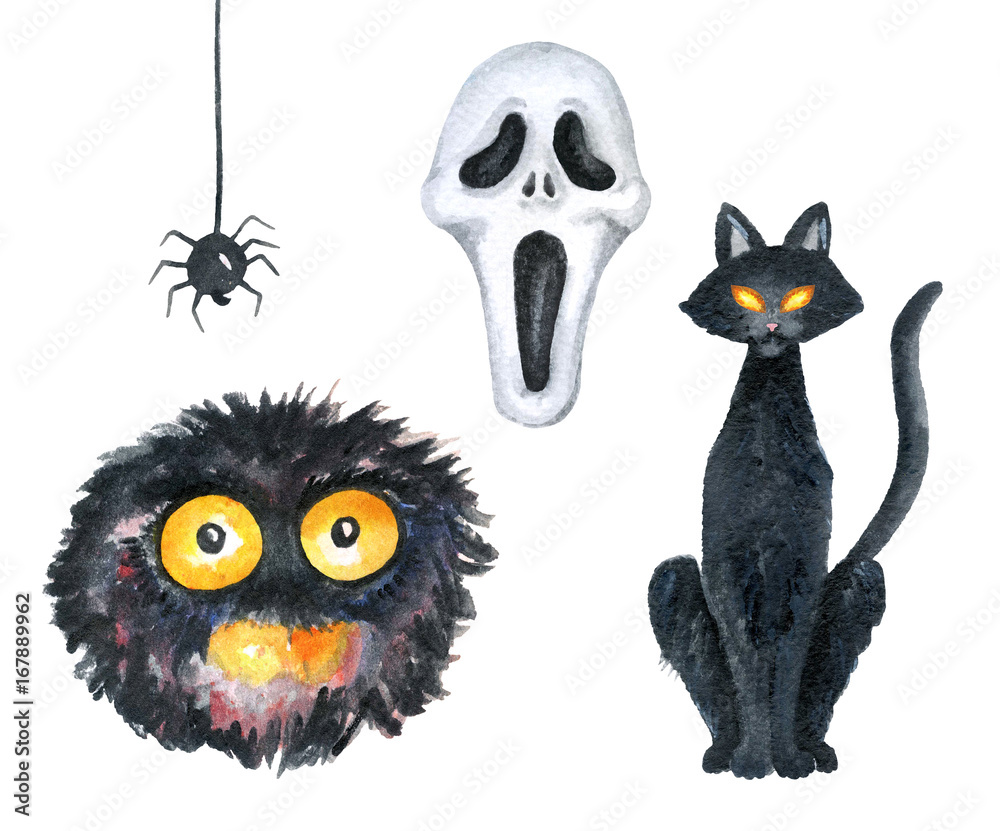 Halloween Party Illustration. Spider, Cat, Horror Mask, Monster. Watercolor drawing