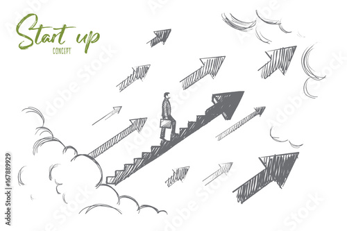 Start up concept. Hand drawn businessman start to climb up growth stair. Succesful business isolated vector illustration.