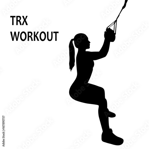 Silhouette of sporty girl. TRX suspension training.