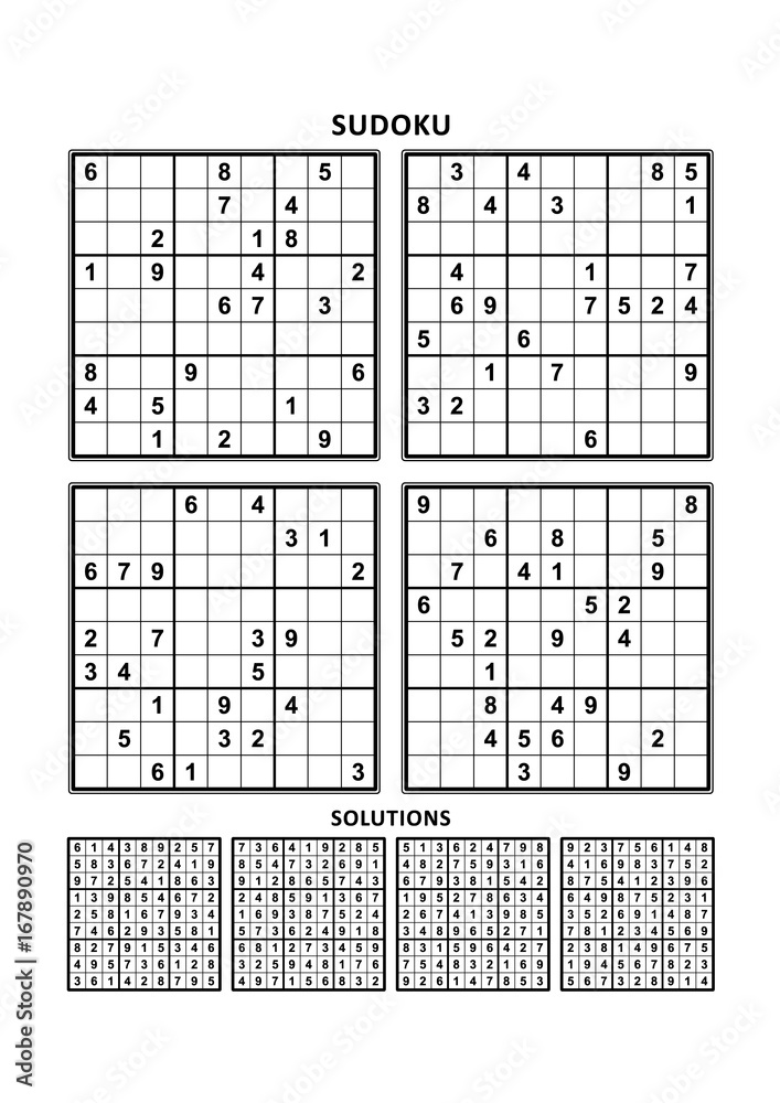 Four sudoku puzzles of comfortable (easy, yet not very easy) level, on A4  or Letter sized page with margins, suitable for large print books, answers  included. Set 7. Stock Vector | Adobe Stock