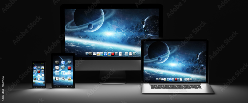 Dark modern computer laptop mobile phone and tablet 3D rendering