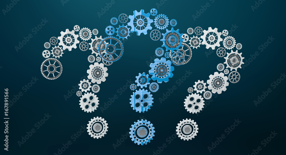 3D rendering gear icons question mark flying 3D rendering gear icons question mark flying