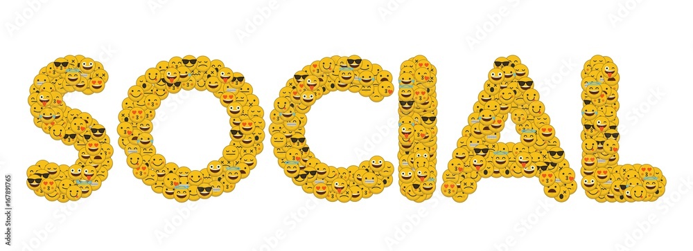 The word social written in social media emoji smiley characters The word social written in social media emoji smiley characters