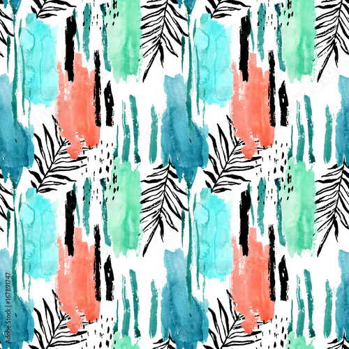 Geometric watercolor shapes and tropical leaves seamless pattern. © Tanya Syrytsyna
