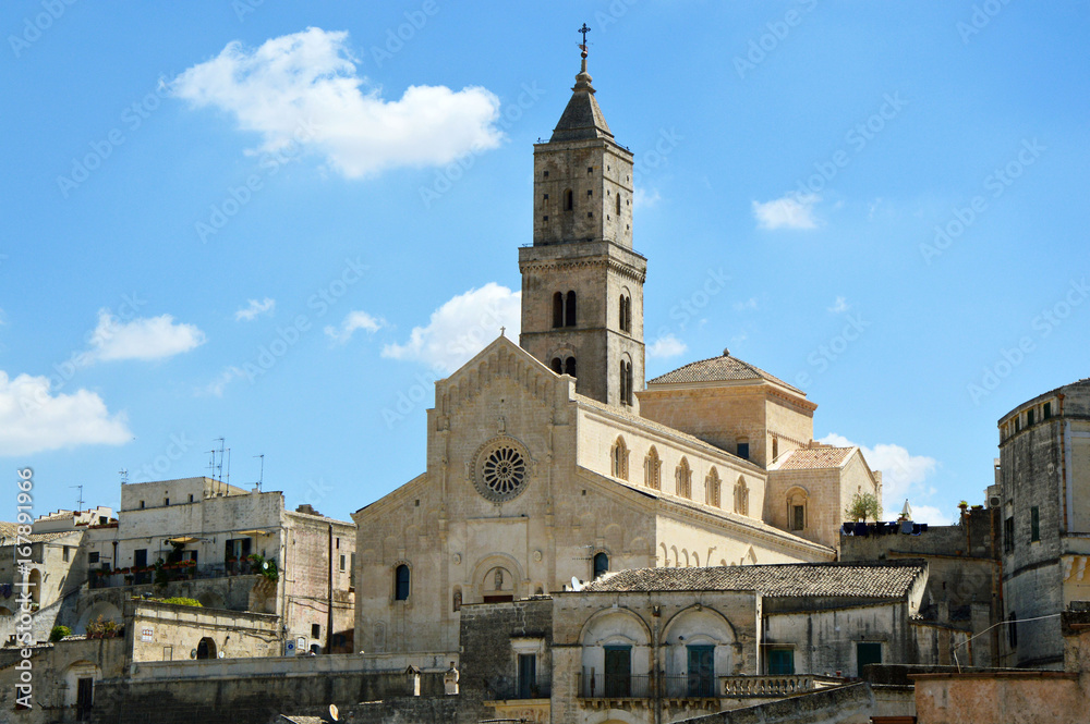 Beautiful view of Matera Cathedral from a balcony of Matera old town, UNESCO World Heritage Site and European Capital of Culture 2019, Matera, Basilicata, Italy