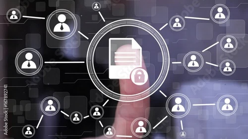 Businessman pressing button security lock file document technology panel network. Computer technology in virtual reality