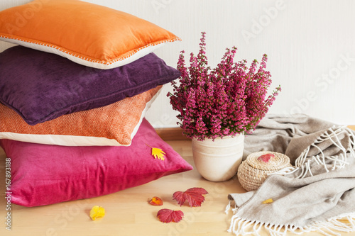 colorful cushions throw cozy home autumn mood flower photo