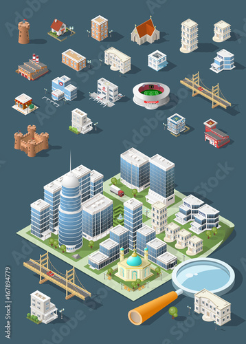 Set of Isolated High Quality Isometric City Elements . Harbor with Shadows on Dark Background