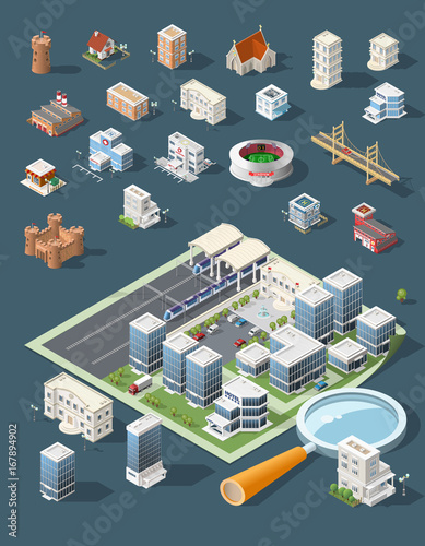 Set of Isolated High Quality Isometric City Elements . Harbor with Shadows on Dark Background