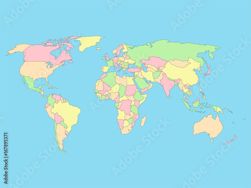 World map in four colors on blue background. Vector illustration.